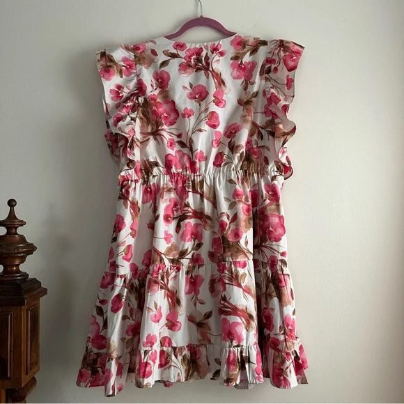 A&F • Flutter Sleeve Tiered Lined Mini Dress Pink Floral - Picture 7 of 9